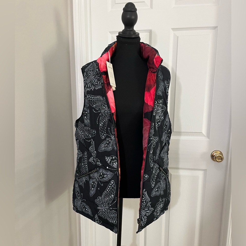 Johnny Was Black Butterfly Print Reversible Vest with Pink Lining